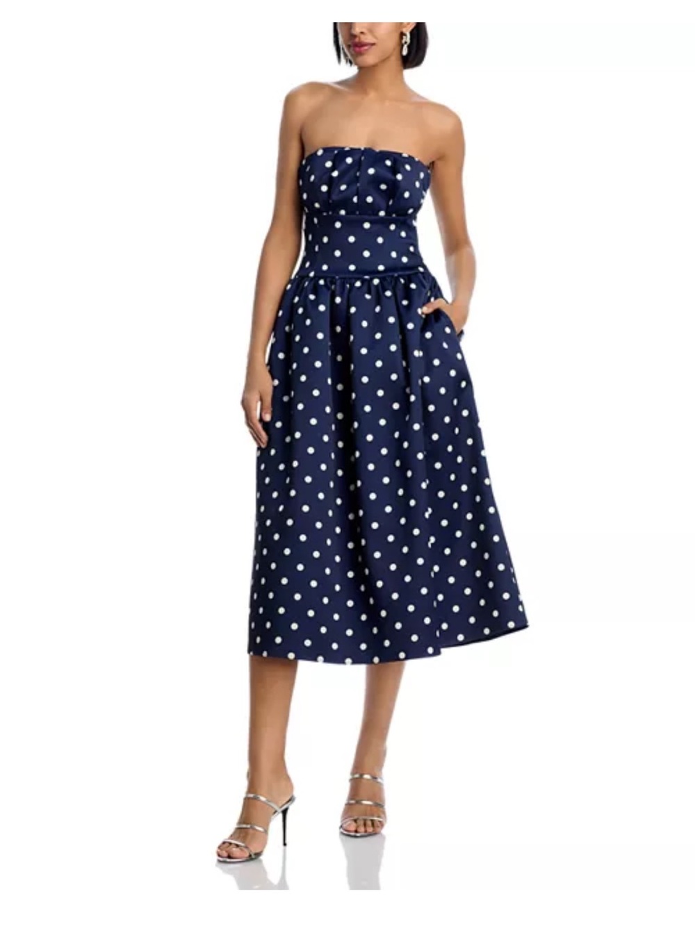 Self-Portrait Navy and White Polka Dot Strapless Satin Midi Dress